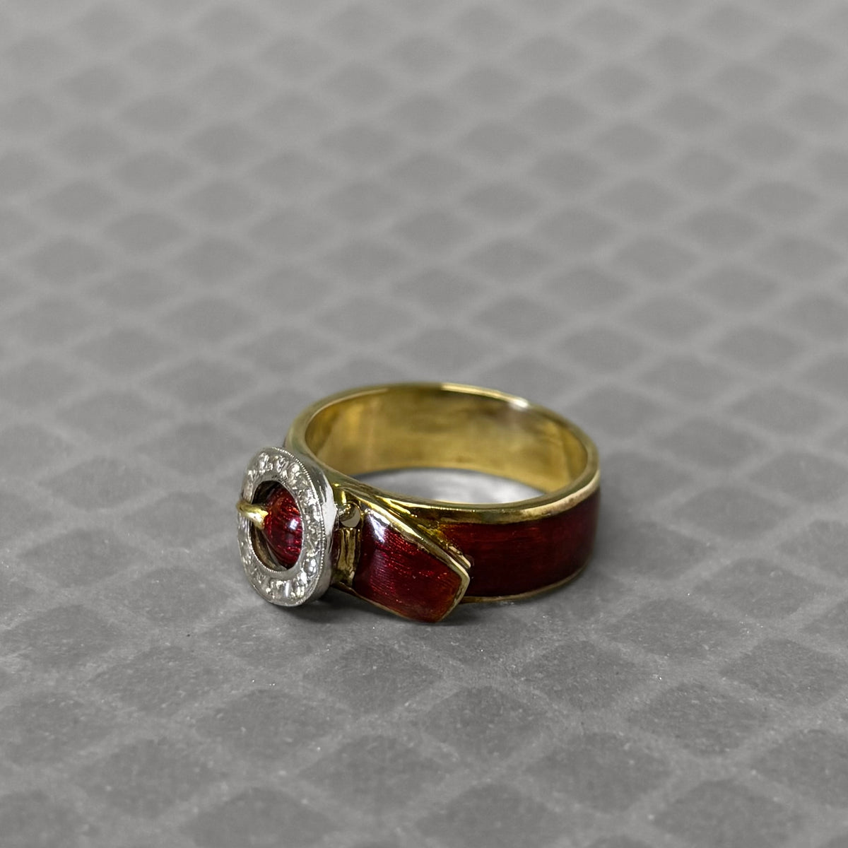 Preowned Yellow Gold Red Enamel and Diamond Buckle Ring