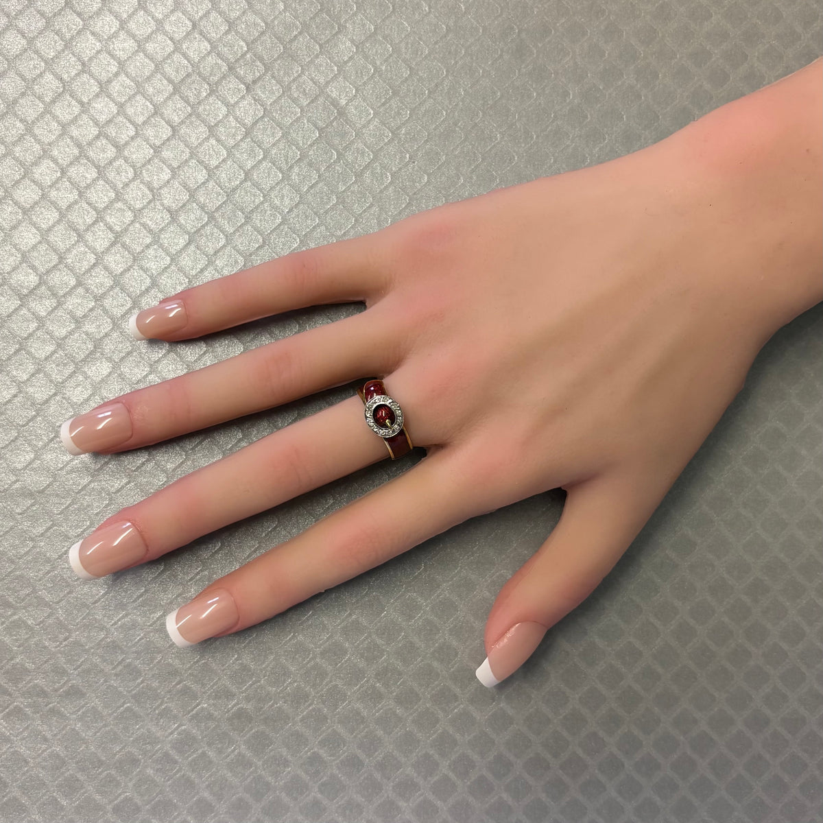 Preowned Yellow Gold Red Enamel and Diamond Buckle Ring