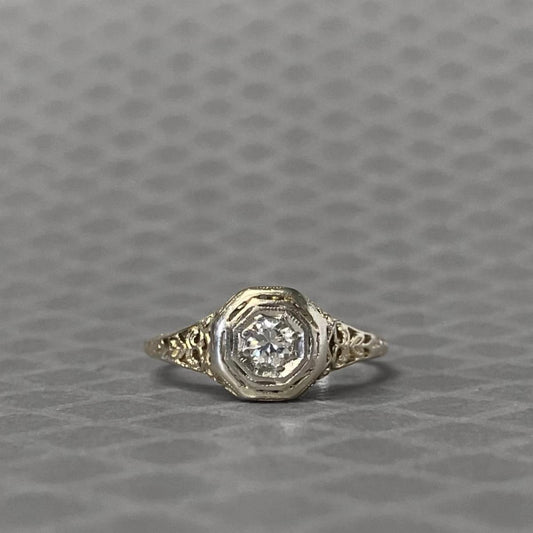 Preowned White Gold and Round Diamond Filigree Ring