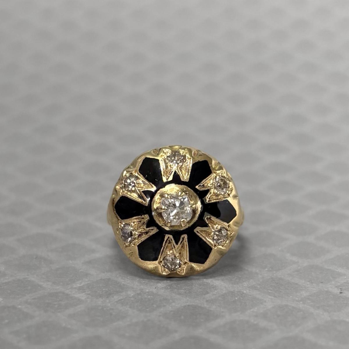 Preowned Yellow Gold Black Enamel and Old Cut Diamond Ring