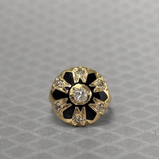 Preowned Yellow Gold Black Enamel and Old Cut Diamond Ring