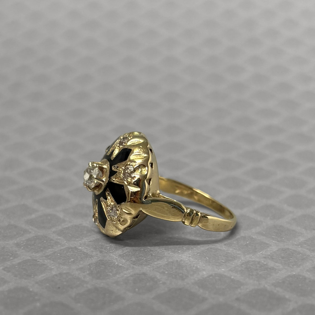 Preowned Yellow Gold Black Enamel and Old Cut Diamond Ring