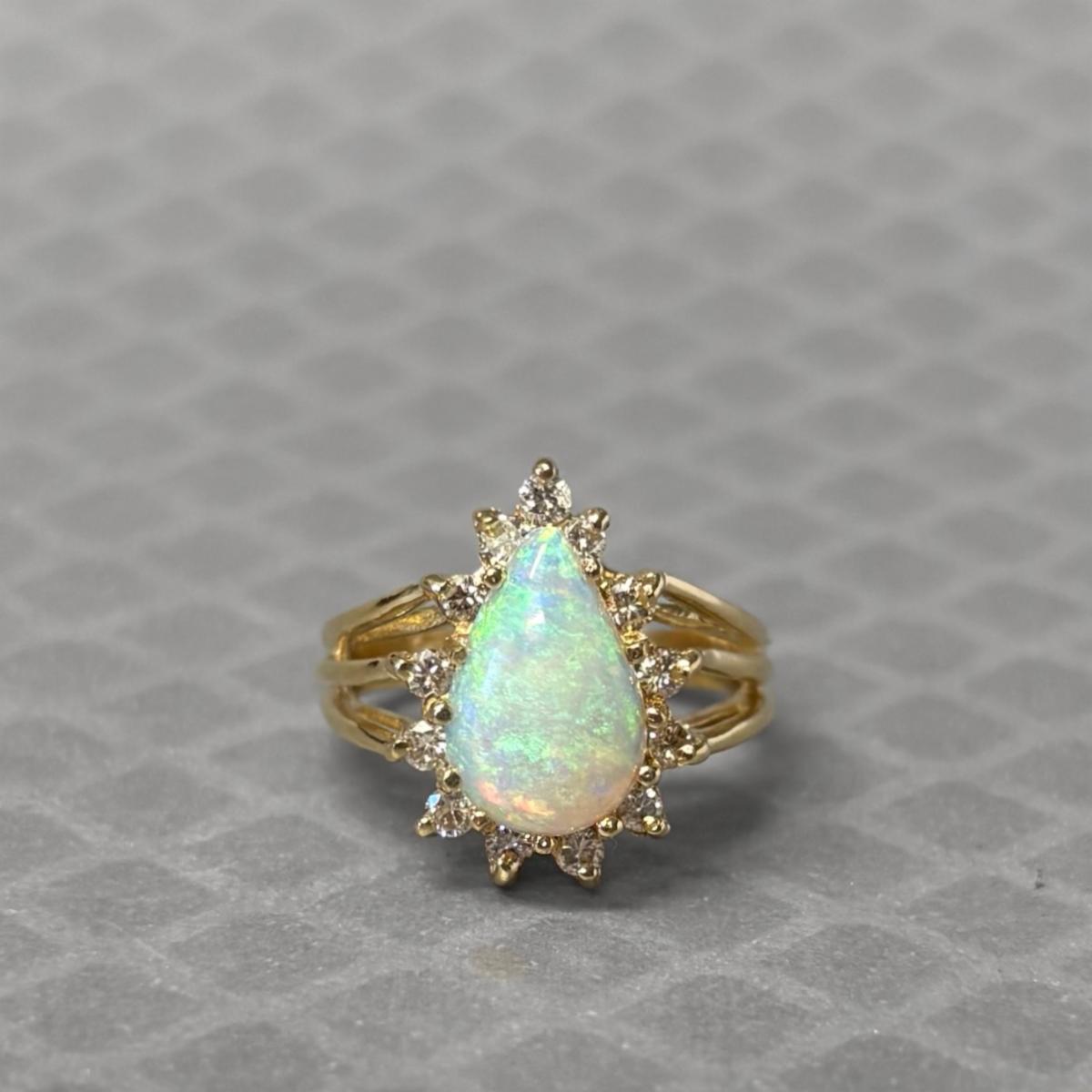 Preowned Yellow Gold Pear Shaped Opal and Diamond Ring