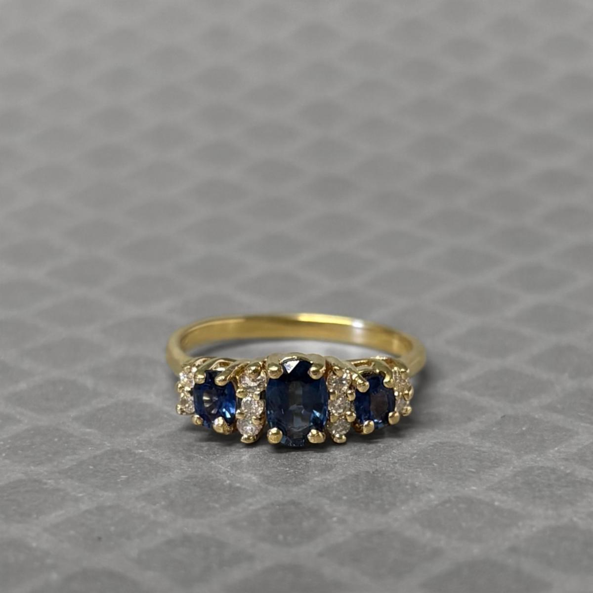 Preowned Yellow Gold Oval Three Blue Sapphire and Diamond Ring