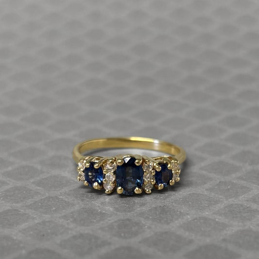 Preowned Yellow Gold Oval Three Blue Sapphire and Diamond Ring