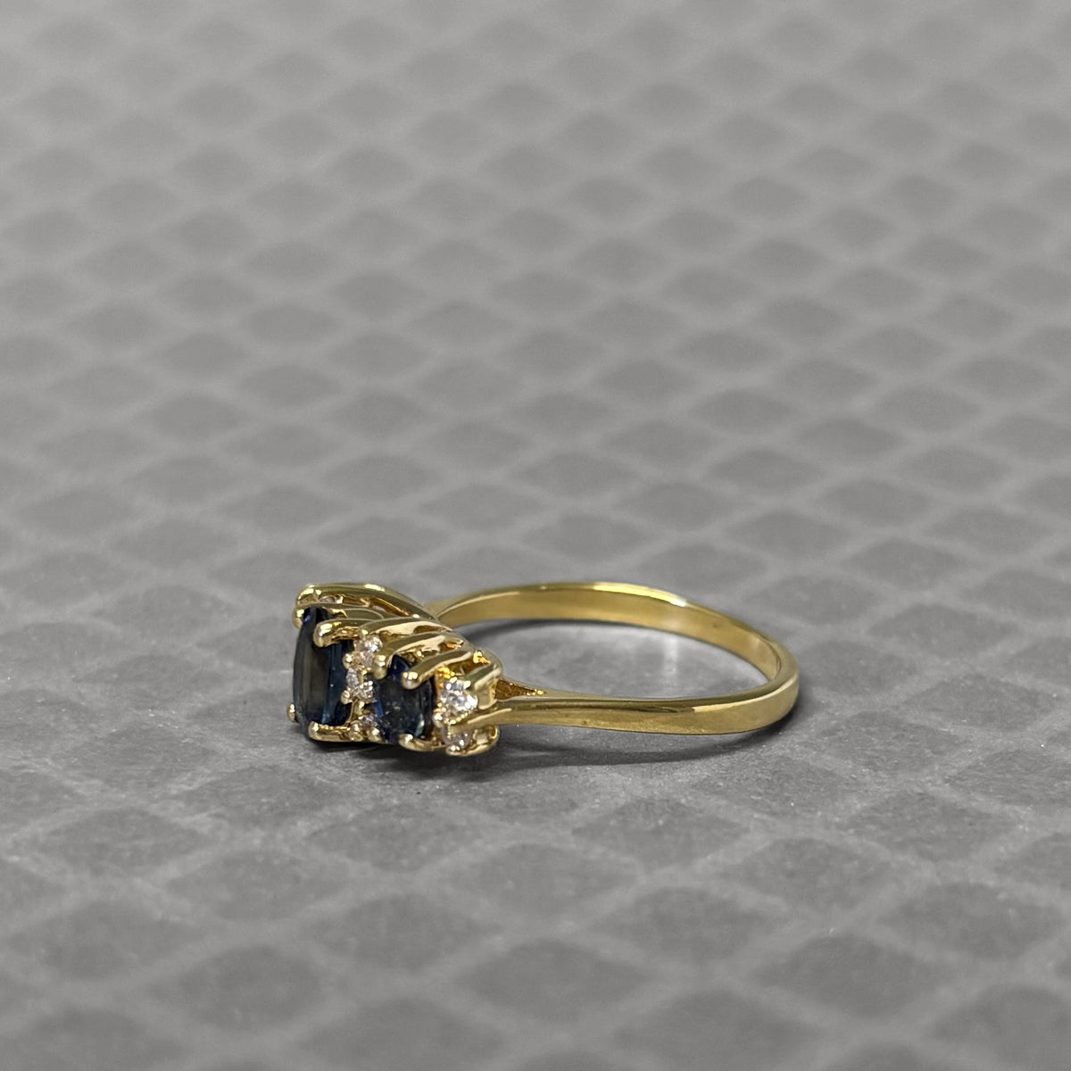 Preowned Yellow Gold Oval Three Blue Sapphire and Diamond Ring