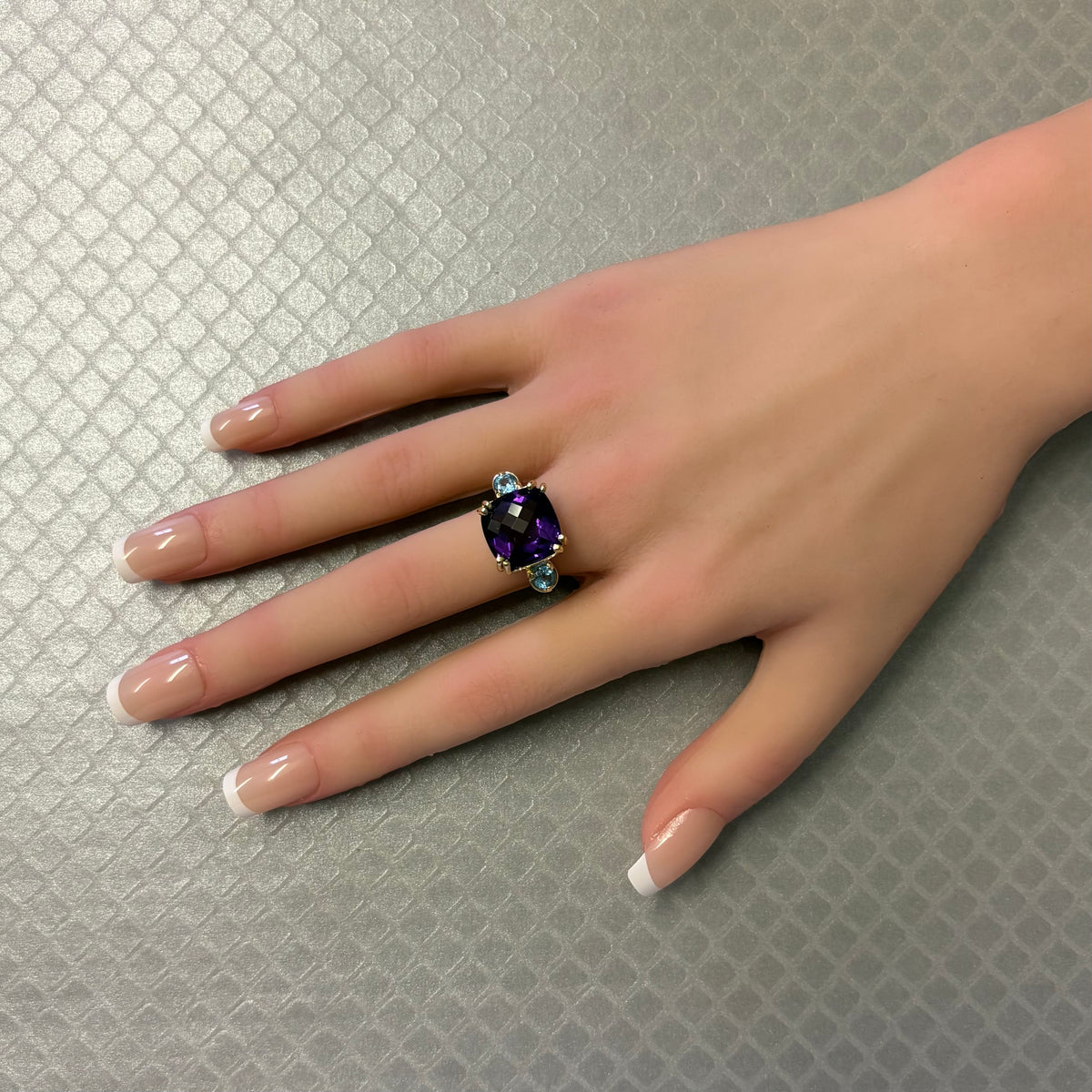 Preowned Yellow Gold Cushion Checkerboard Amethyst and Blue Topaz Ring