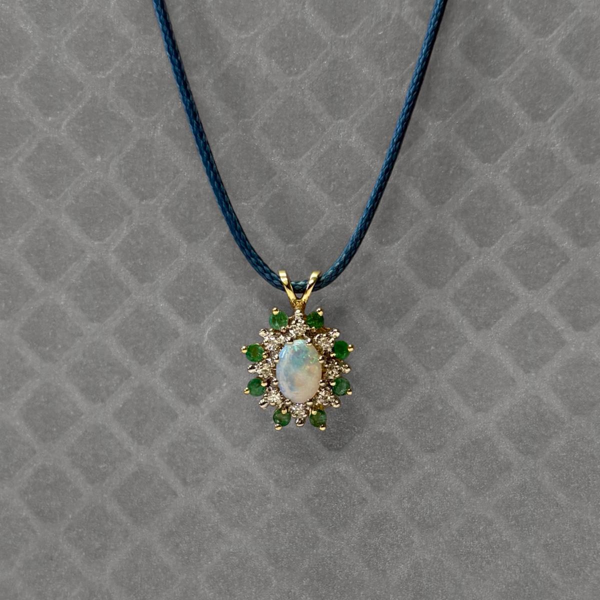 Preowned Yellow Gold Emerald, Diamond and Opal Cluster Pendant