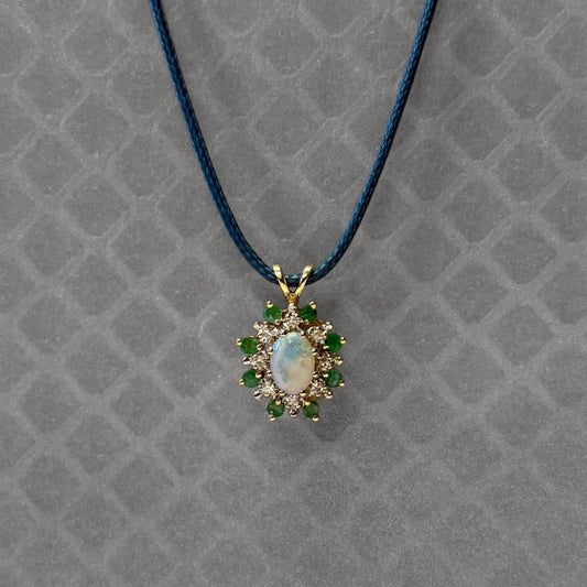 Preowned Yellow Gold Emerald, Diamond and Opal Cluster Pendant