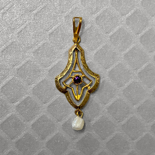 Preowned Yellow Gold Purple Glass and Pearl Pendant