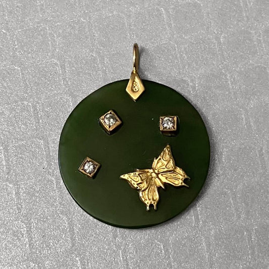 Preowned Yellow Gold Jade and Diamond Butterfly Disc Pendant