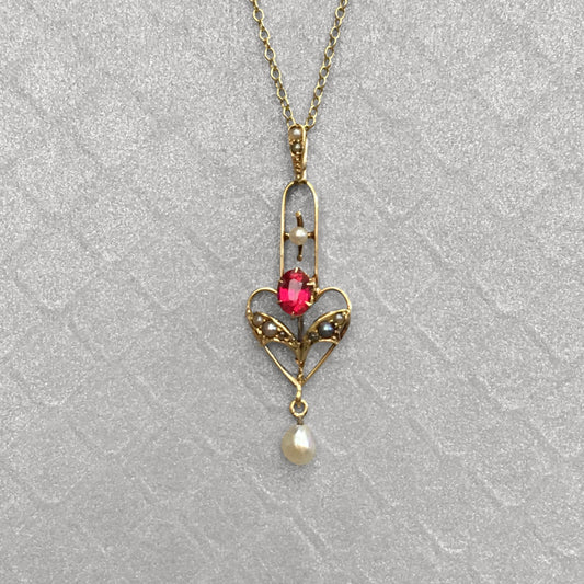 Preowned Yellow Gold Red Glass and Seed Pearl Pendant