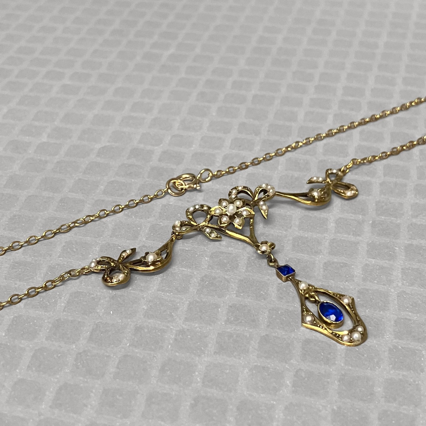 Preowned Yellow Gold Seed Pearl and Blue Glass Edwardian Necklace