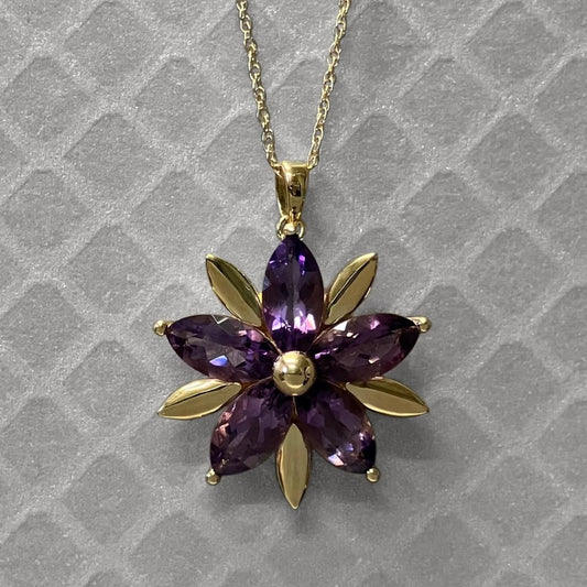 Preowned Yellow Gold and Marquise Purple Simulated Stone Cluster Pendant