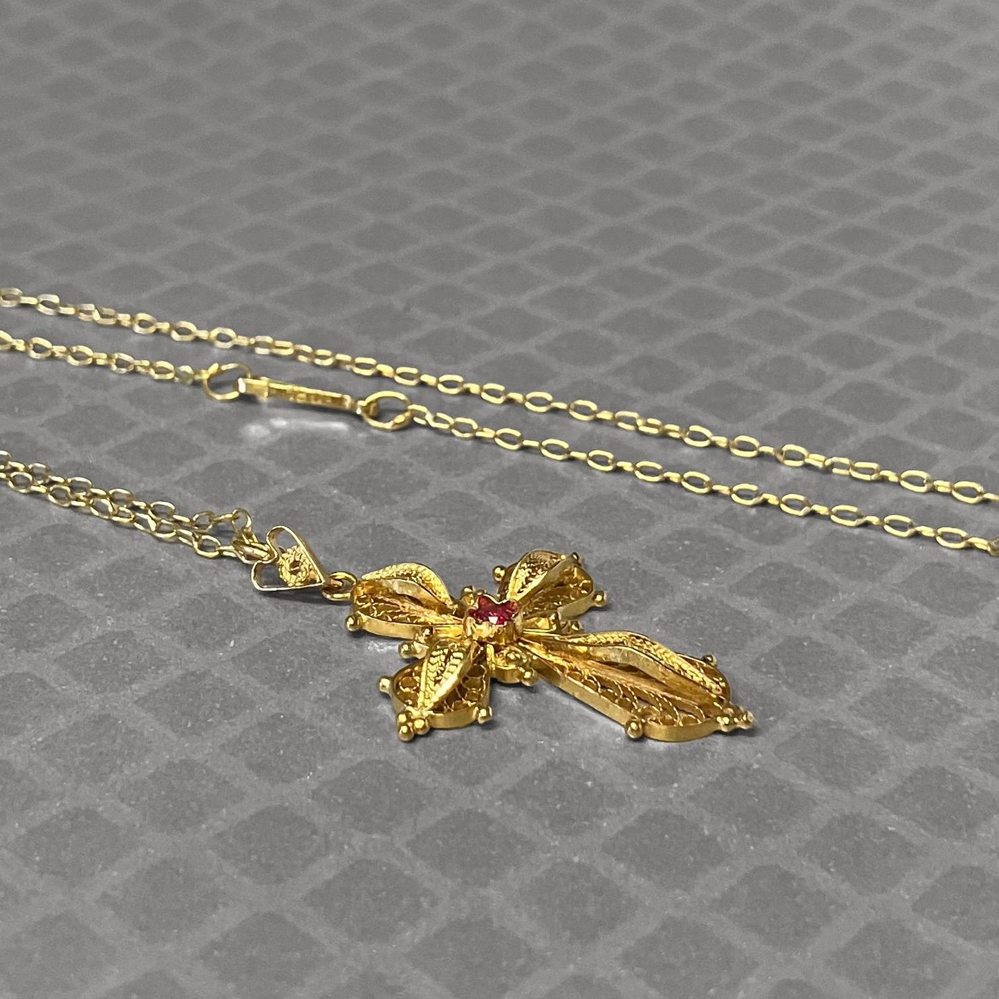 Preowned Yellow Gold and Simulated Pink Gemstone Filigree Cross Pendant