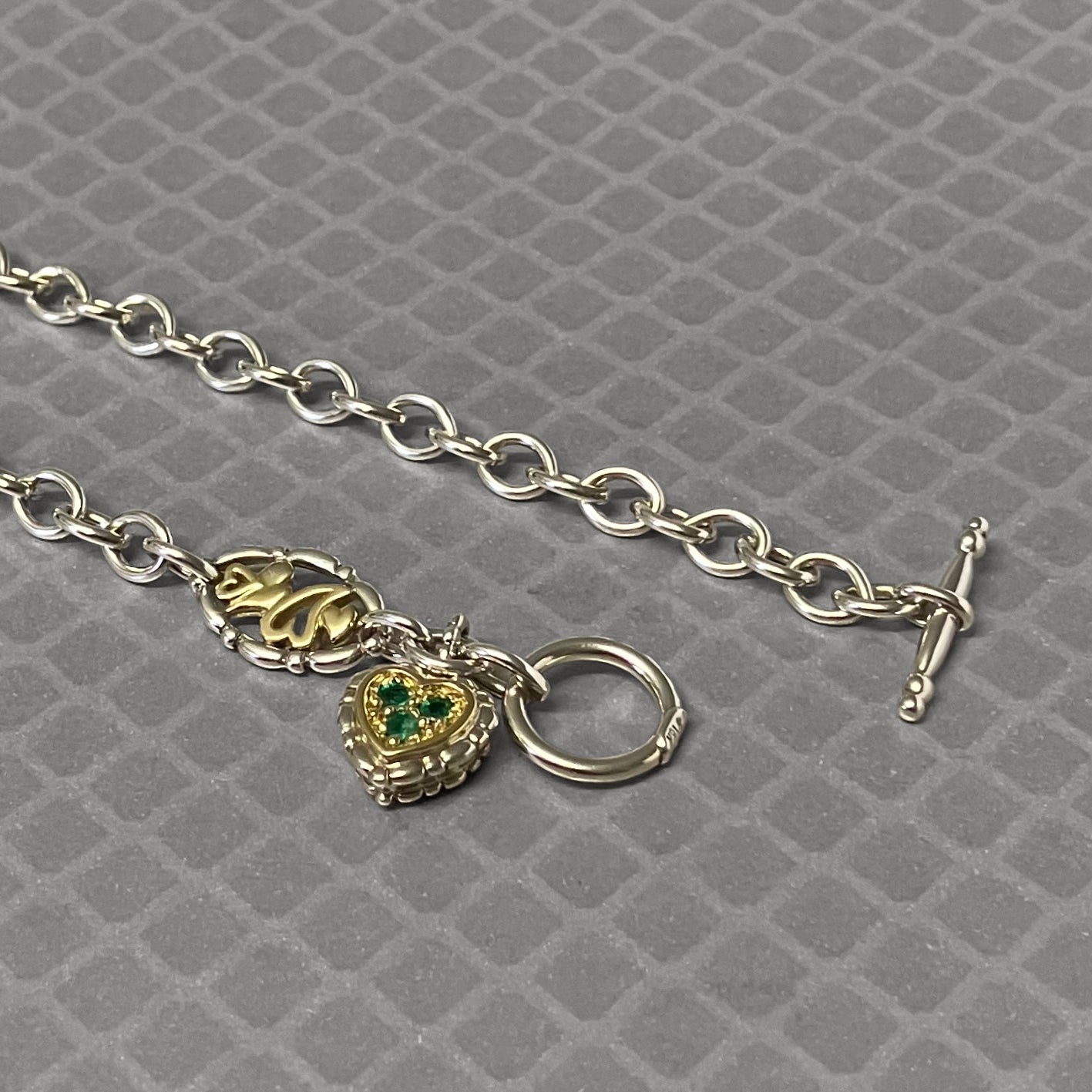 Preowned Sterling Silver and Yellow Gold Emerald Heart Toggle Necklace