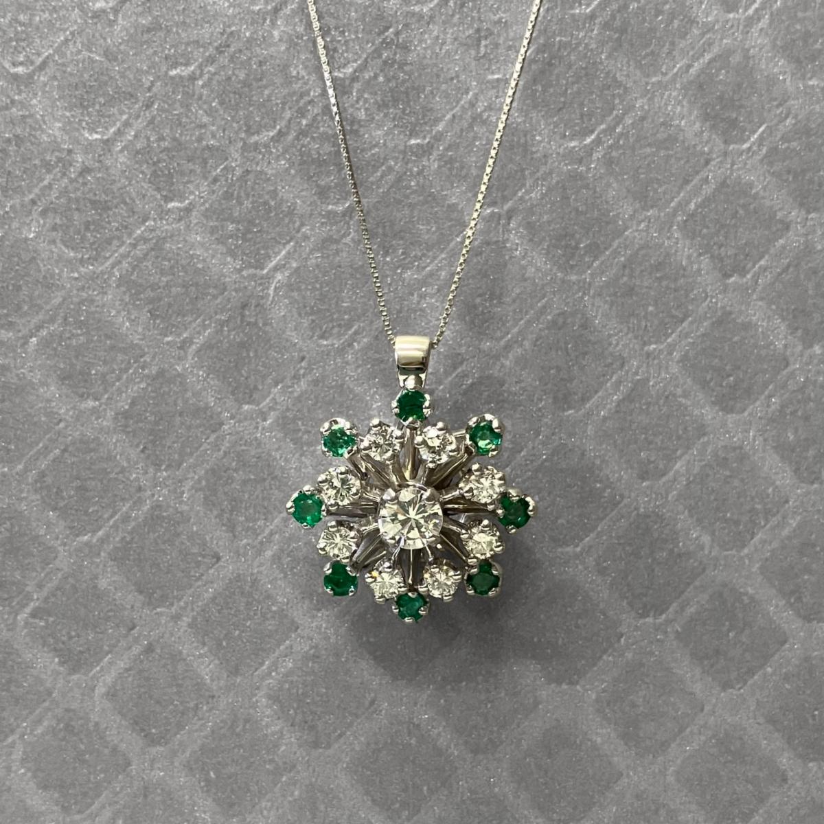 Preowned White Gold Emerald and Diamond Pendant