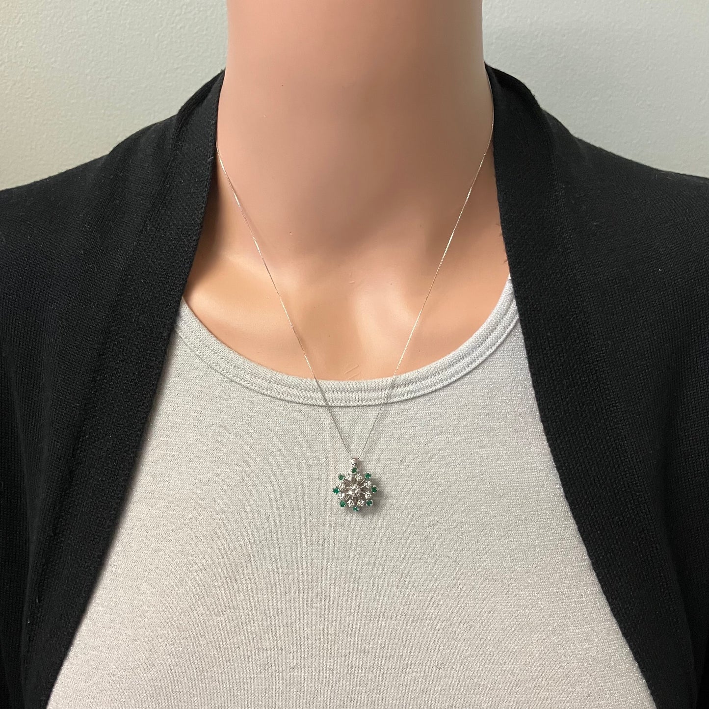 Preowned White Gold Emerald and Diamond Pendant