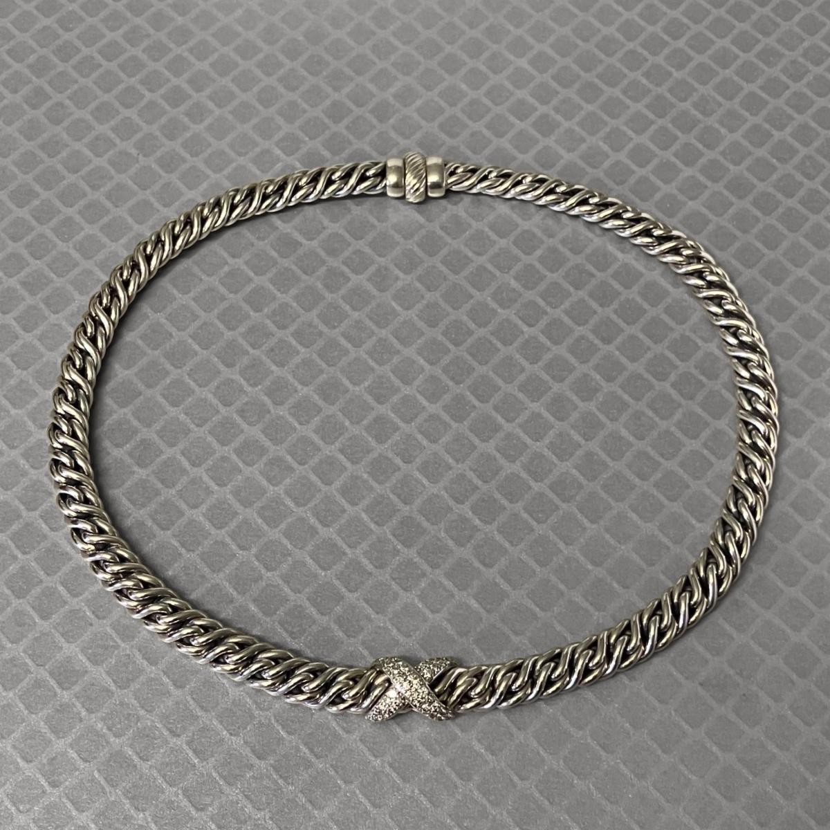 Preowned Sterling Silver and Diamond David Yurman Crossover Collar Necklace
