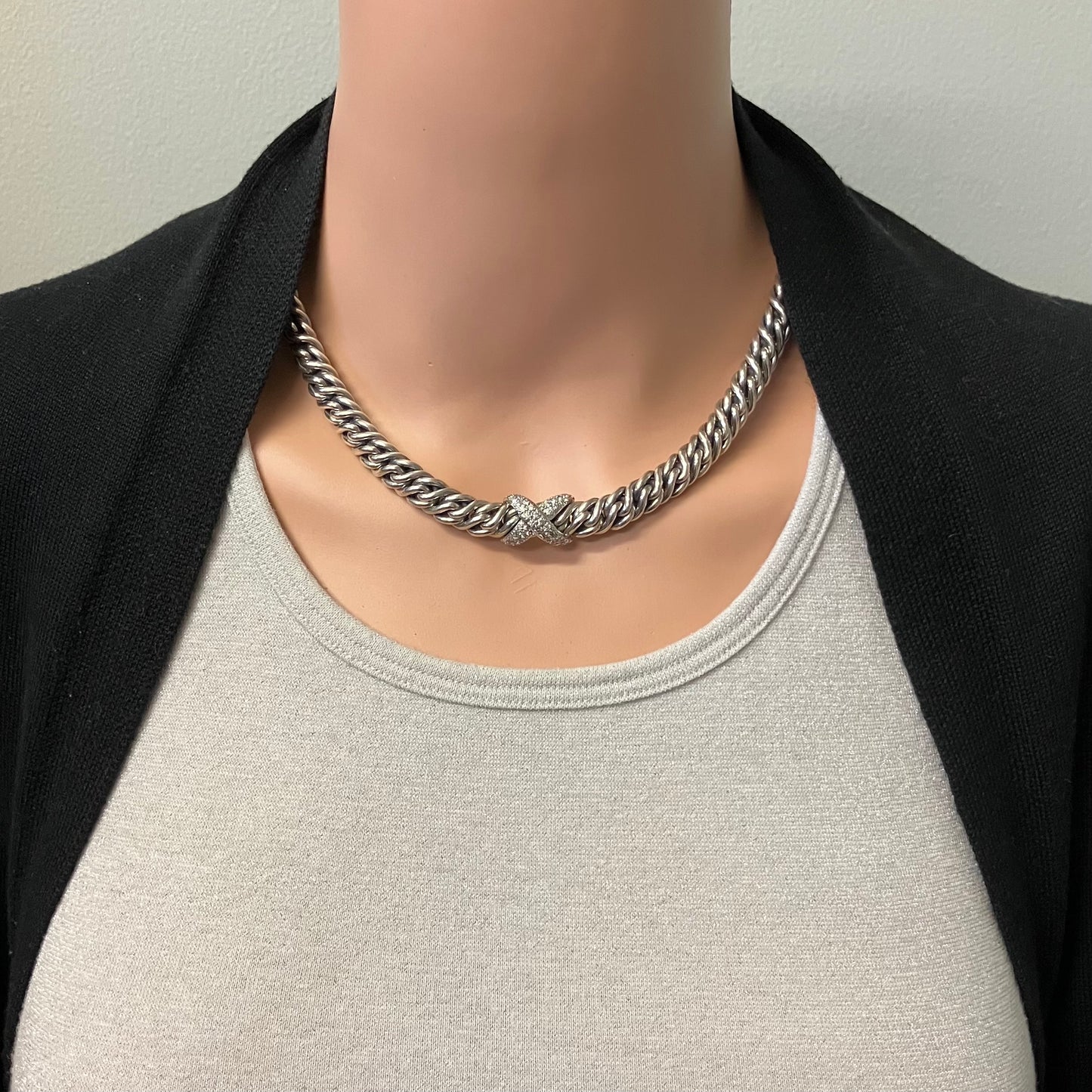 Preowned Sterling Silver and Diamond David Yurman Crossover Collar Necklace