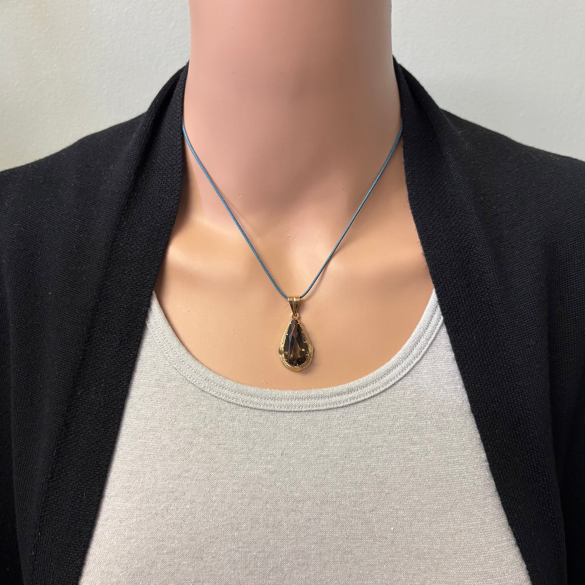 Preowned Yellow Gold and Pear Shaped Smoky Quartz Leaf Design Pendant