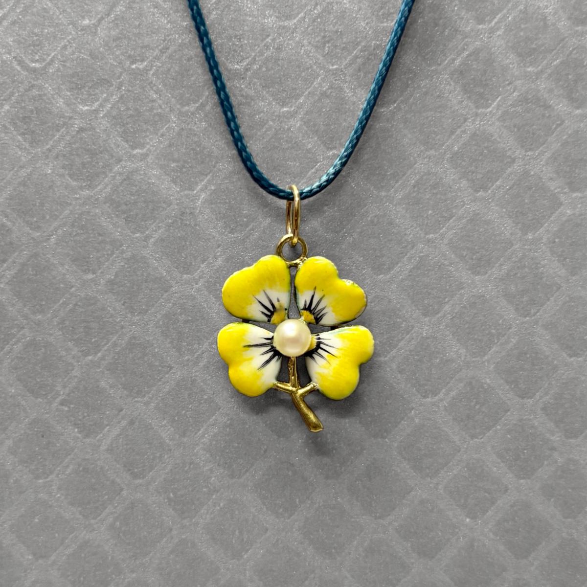 Preowned Yellow Gold Enamel and Pearl Pansy Pendant