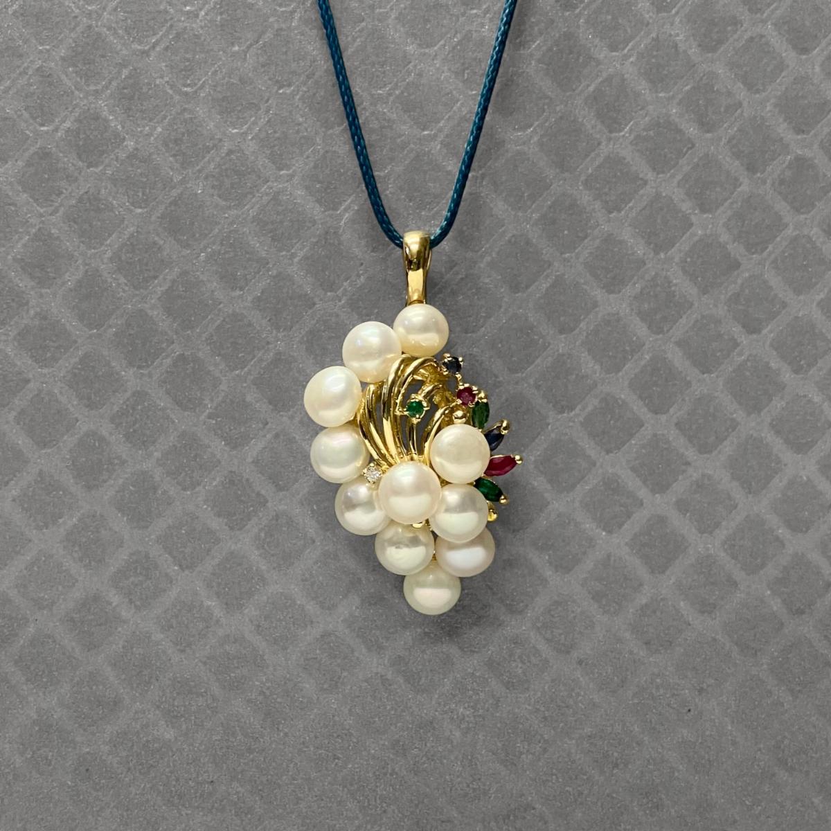 Preowned Yellow Gold Freshwater Cultured Pearl and Diamond, Emerald, Ruby and Blue Sapphire Pendant Enhancer