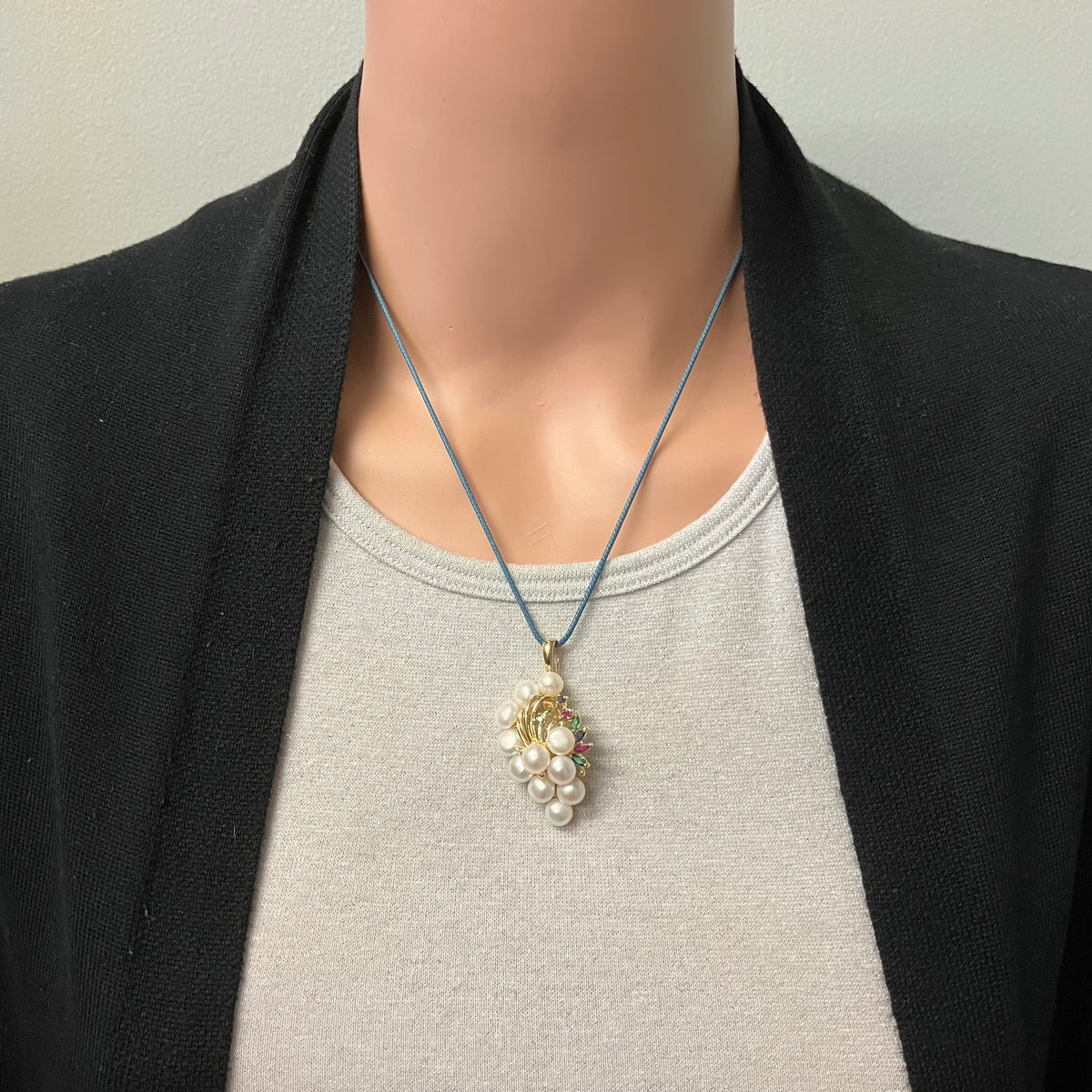 Preowned Yellow Gold Freshwater Cultured Pearl and Diamond, Emerald, Ruby and Blue Sapphire Pendant Enhancer