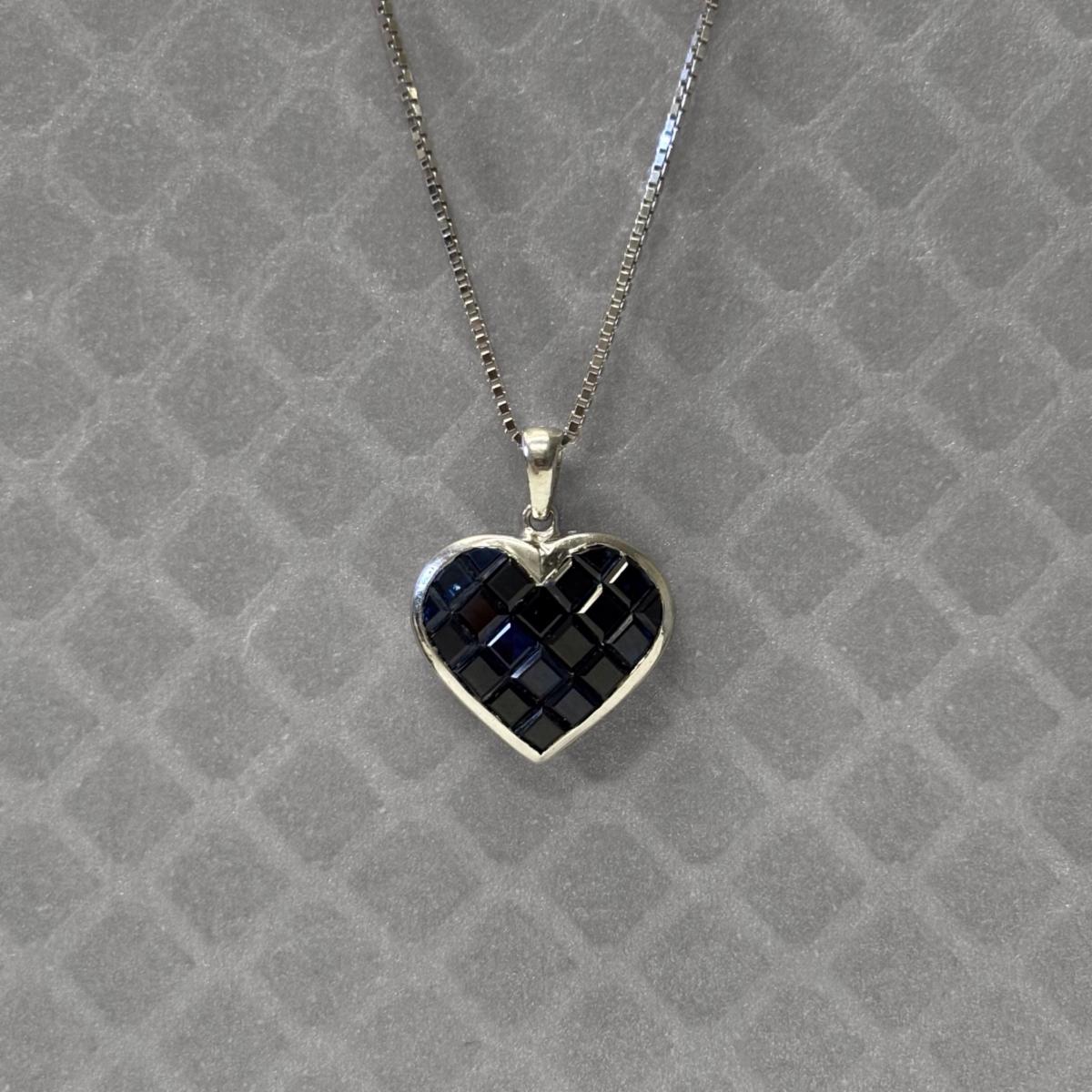 Preowned White Gold and Invisible Set Blue Sapphire Heart Pendant
