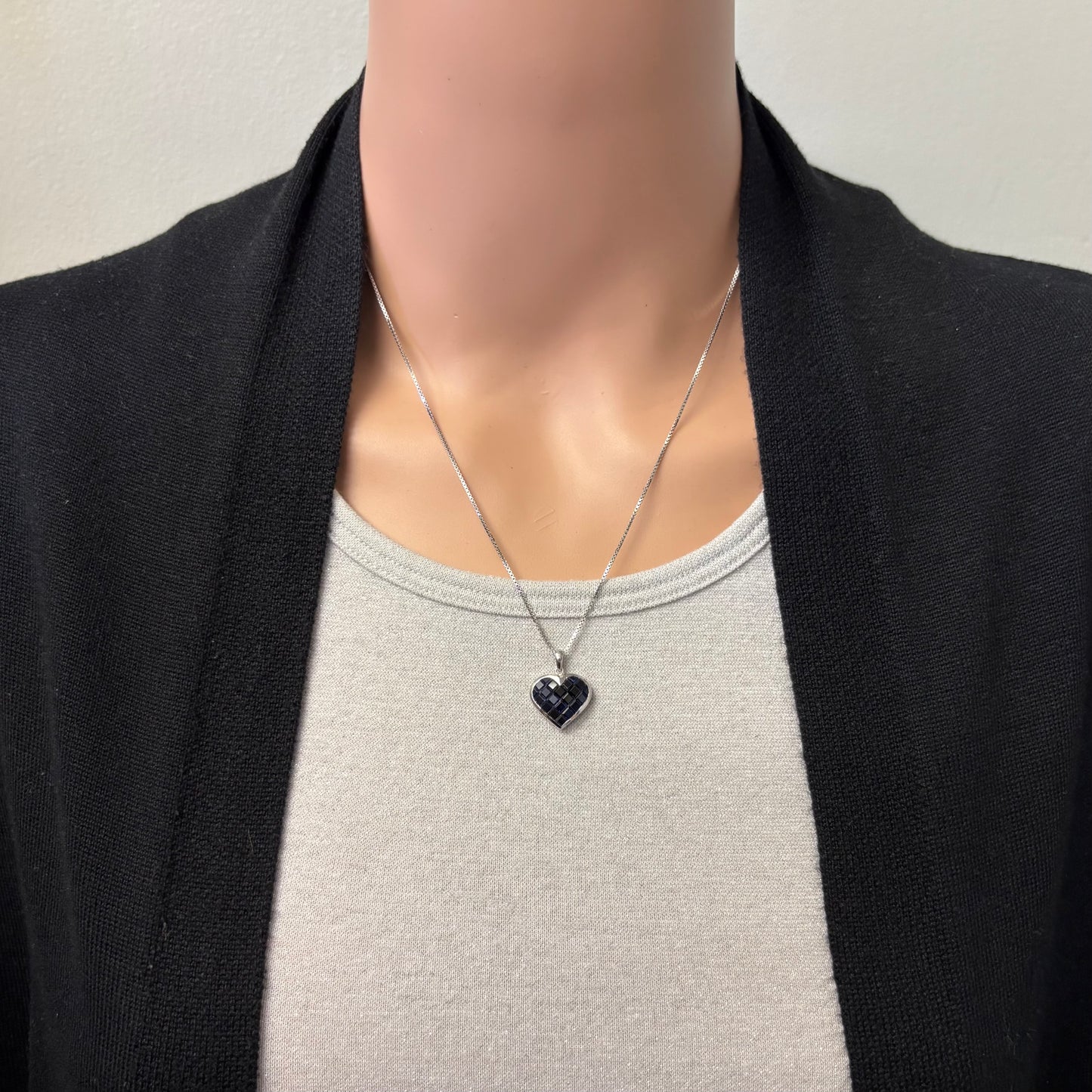 Preowned White Gold and Invisible Set Blue Sapphire Heart Pendant