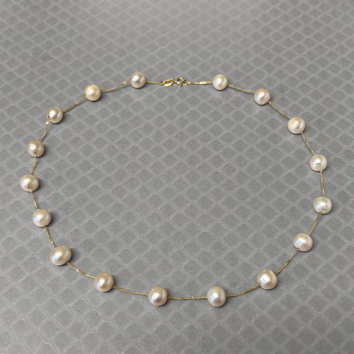 Preowned Yellow Gold and Peach Freshwater Cultured Pearl Station Necklace
