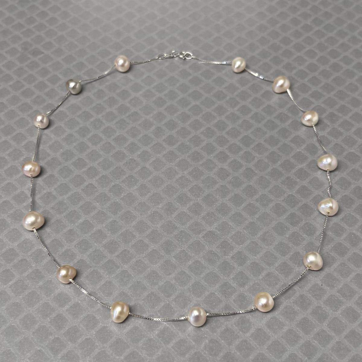 Preowned White Gold and Pink Freshwater Cultured Pearl Station Necklace