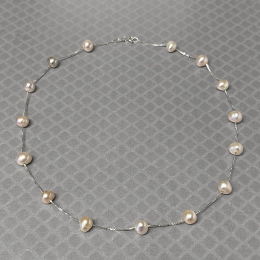 Preowned White Gold and Pink Freshwater Cultured Pearl Station Necklace