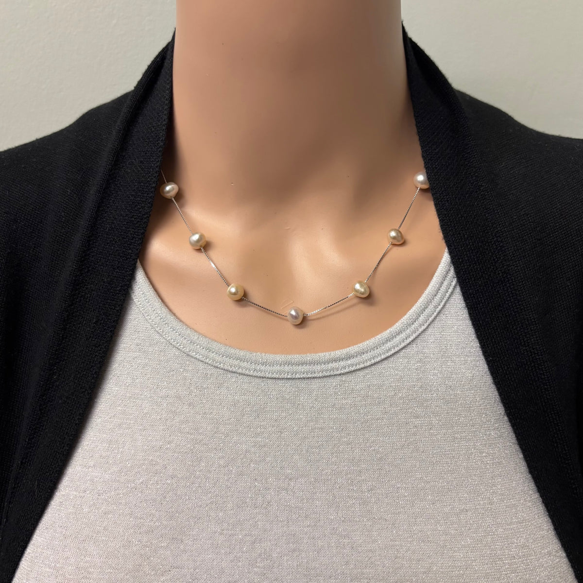 Preowned White Gold and Pink Freshwater Cultured Pearl Station Necklace