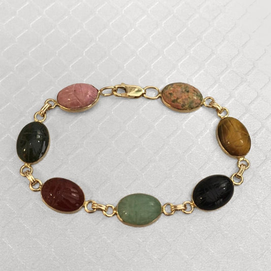Preowned Yellow Gold and Carved Gemstone Scarab Beetle Bracelet