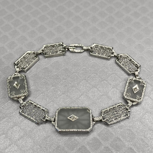 Preowned White Gold Camphor Glass and Diamond Filigree Bracelet