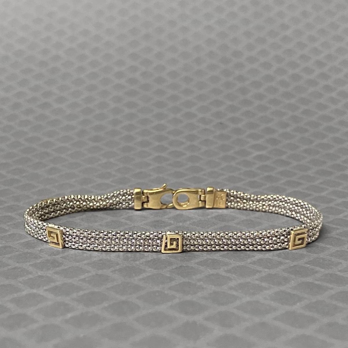 Preowned White and Yellow Gold Greek Key Popcorn Link Chain Bracelet
