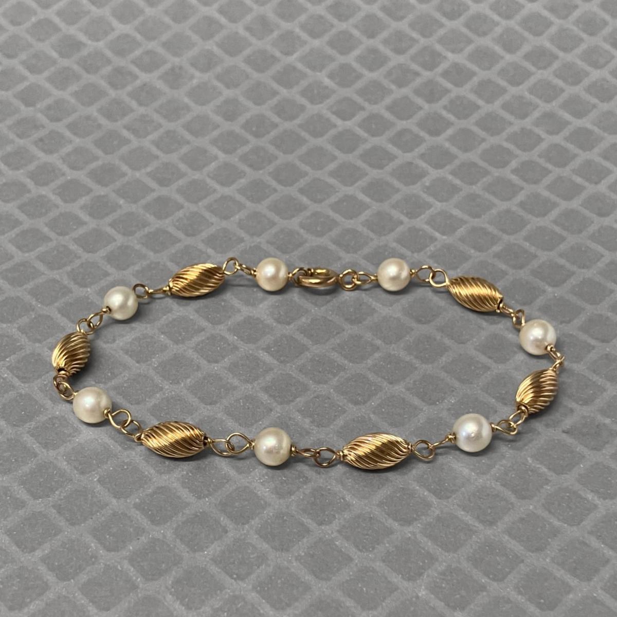 Preowned Yellow Gold Cultured Pearl and Twist Bead Bracelet