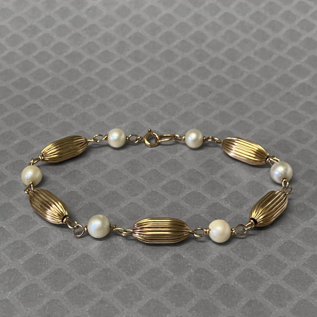 Preowned Yellow Gold Ribbed Bead and Pearl Bracelet