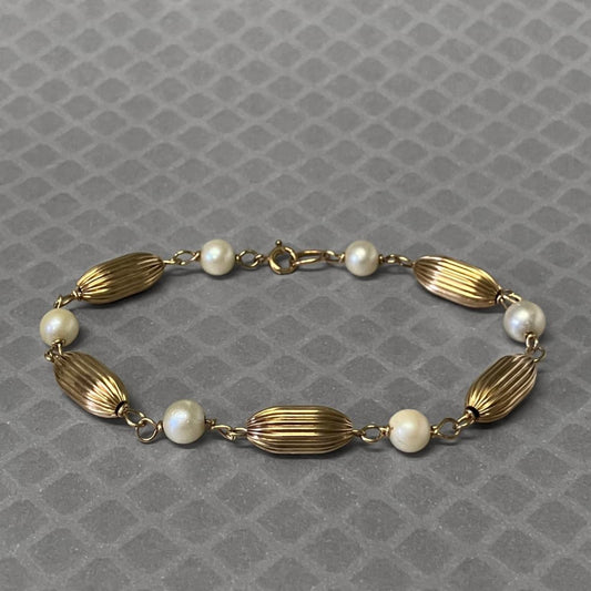 Preowned Yellow Gold Ribbed Bead and Pearl Bracelet