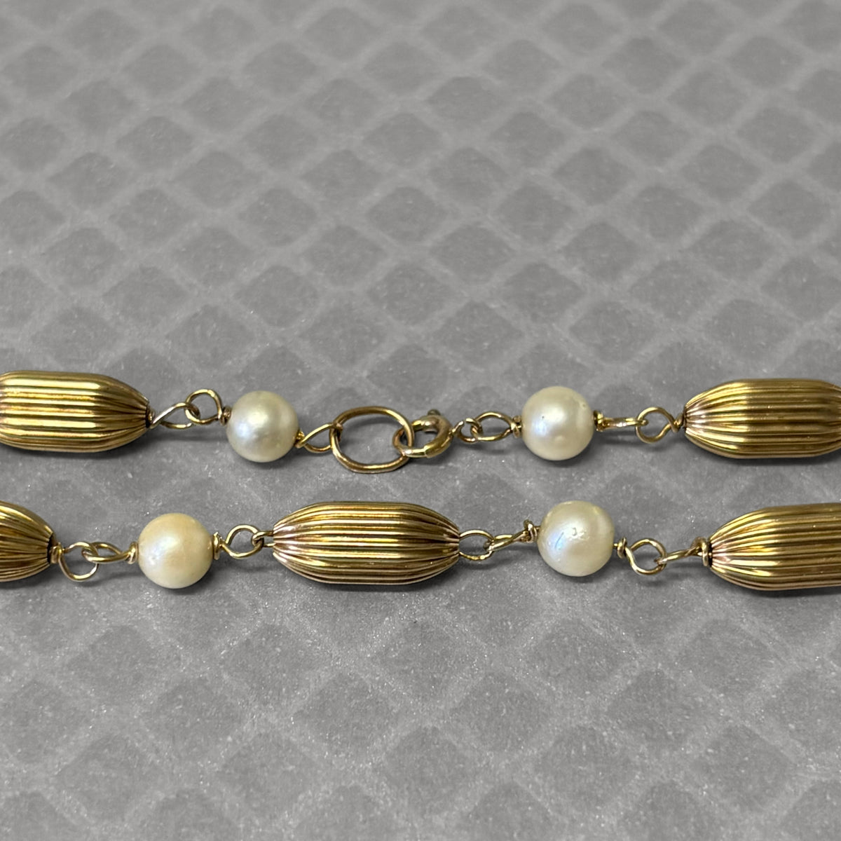 Preowned Yellow Gold Ribbed Bead and Pearl Bracelet