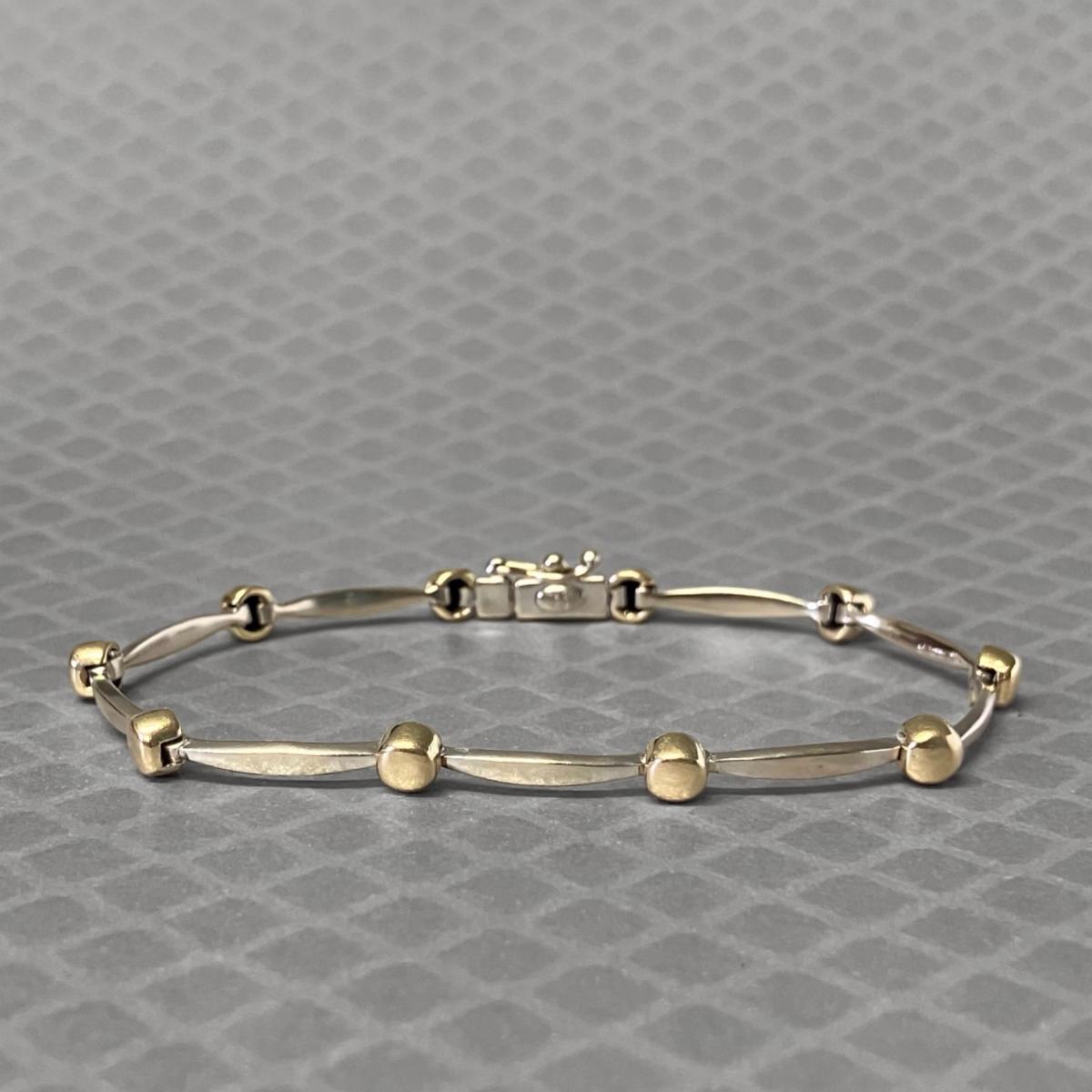 Preowned Yellow and White Gold Bar and Ball Link Bracelet