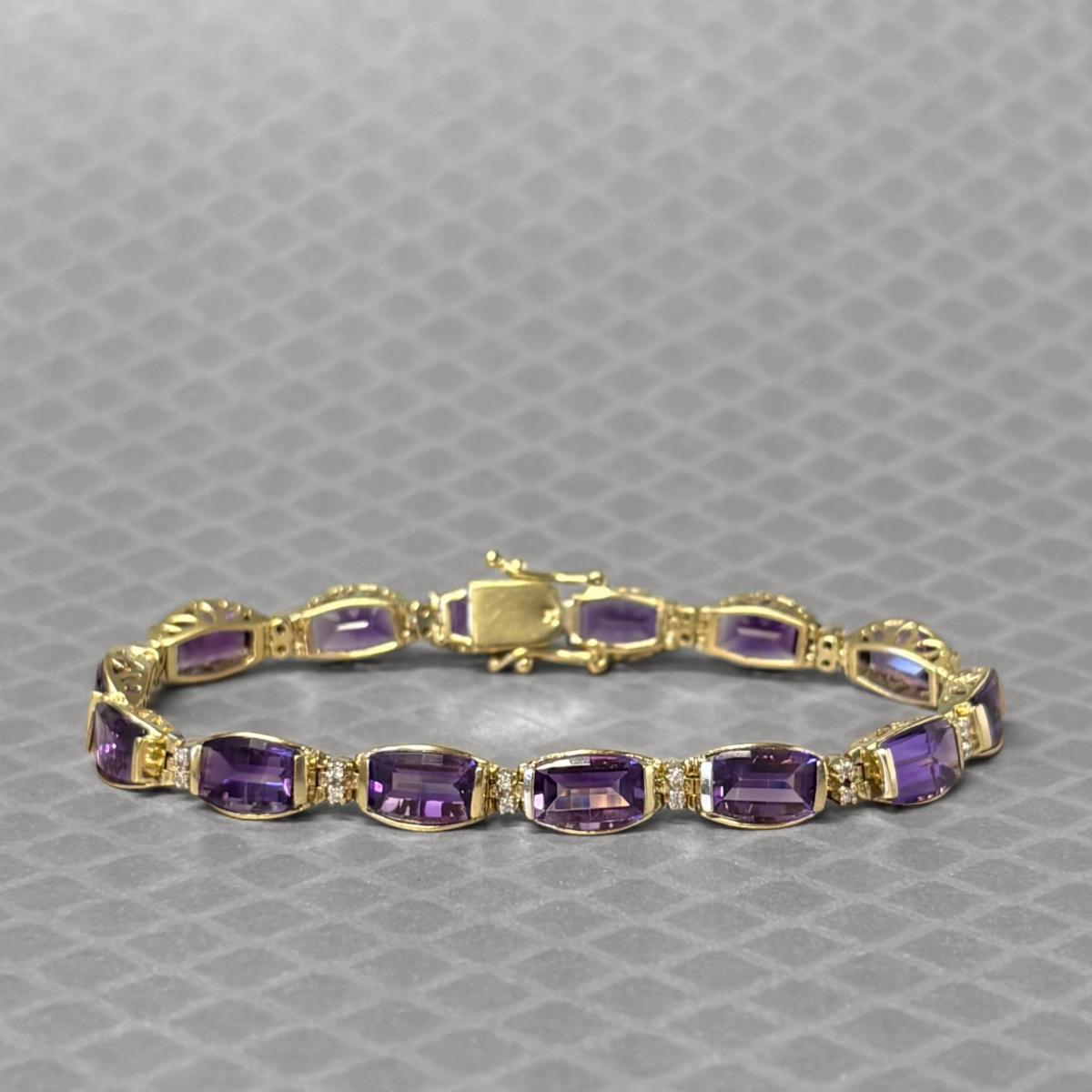 Preowned Yellow Gold Checkerboard Amethyst and Diamond Bracelet