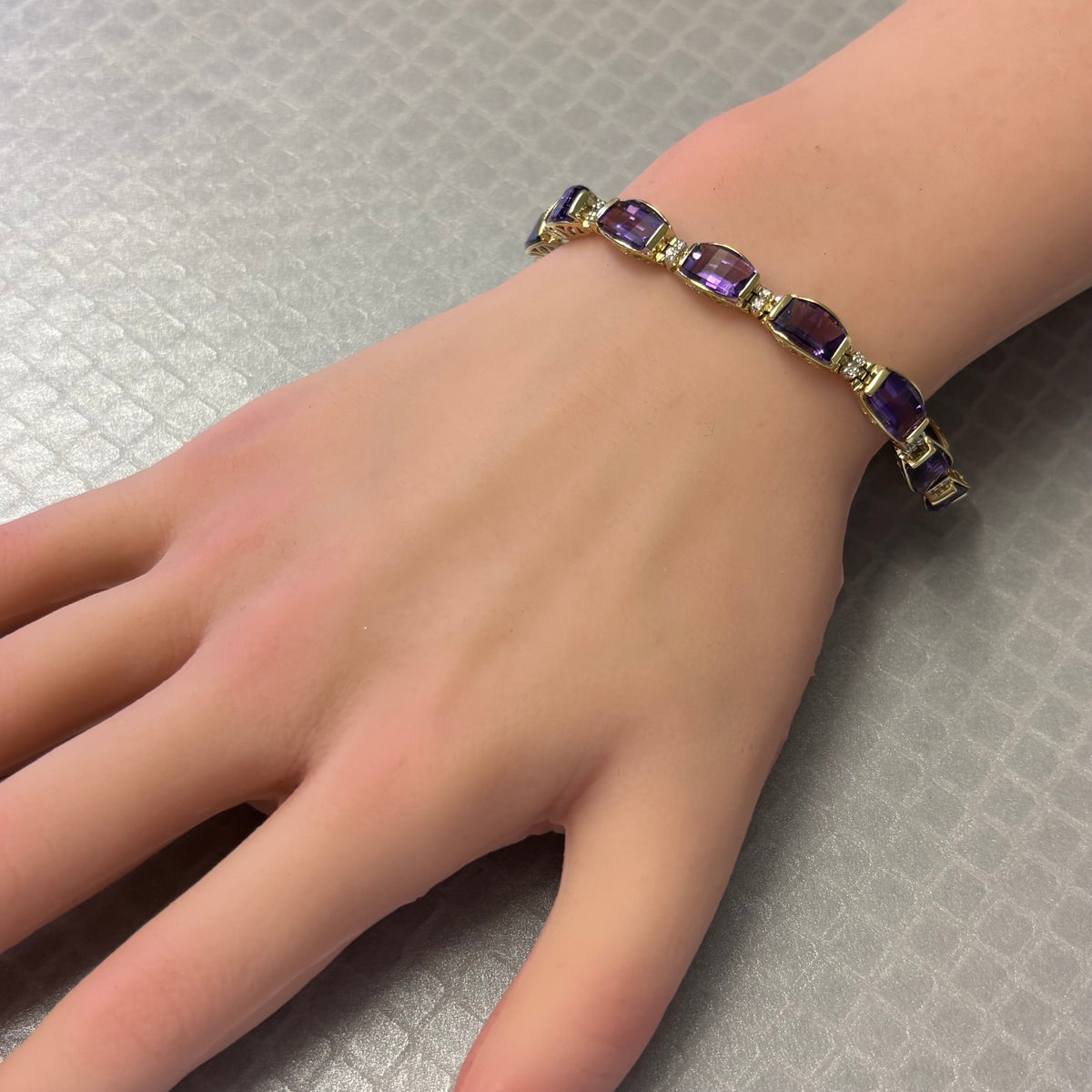 Preowned Yellow Gold Checkerboard Amethyst and Diamond Bracelet