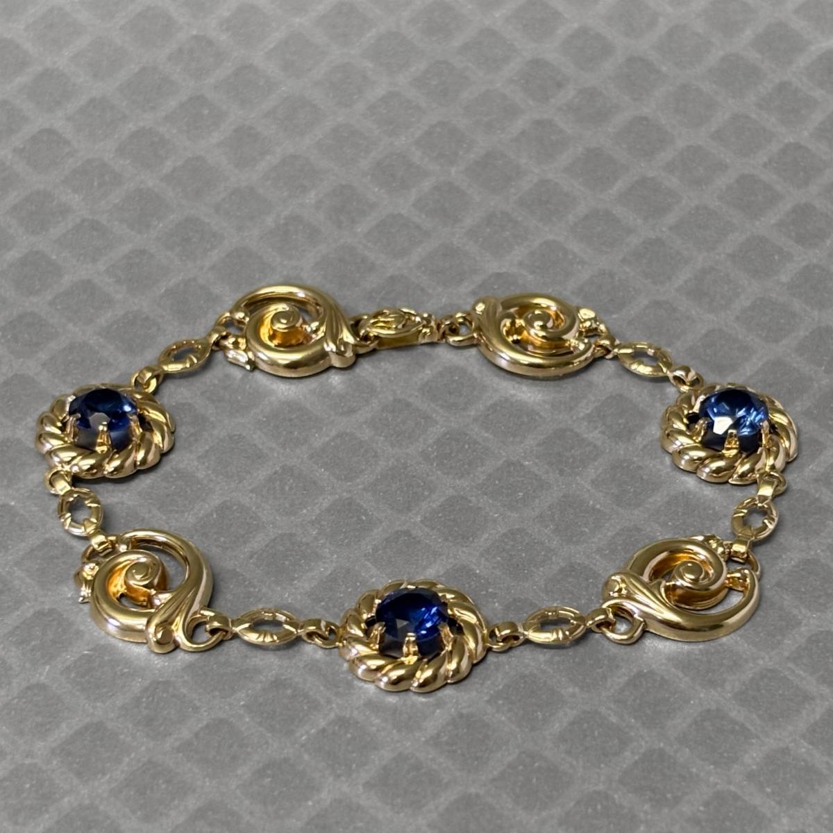 Preowned Yellow Gold and Simulated Blue Stone Fancy Link Bracelet