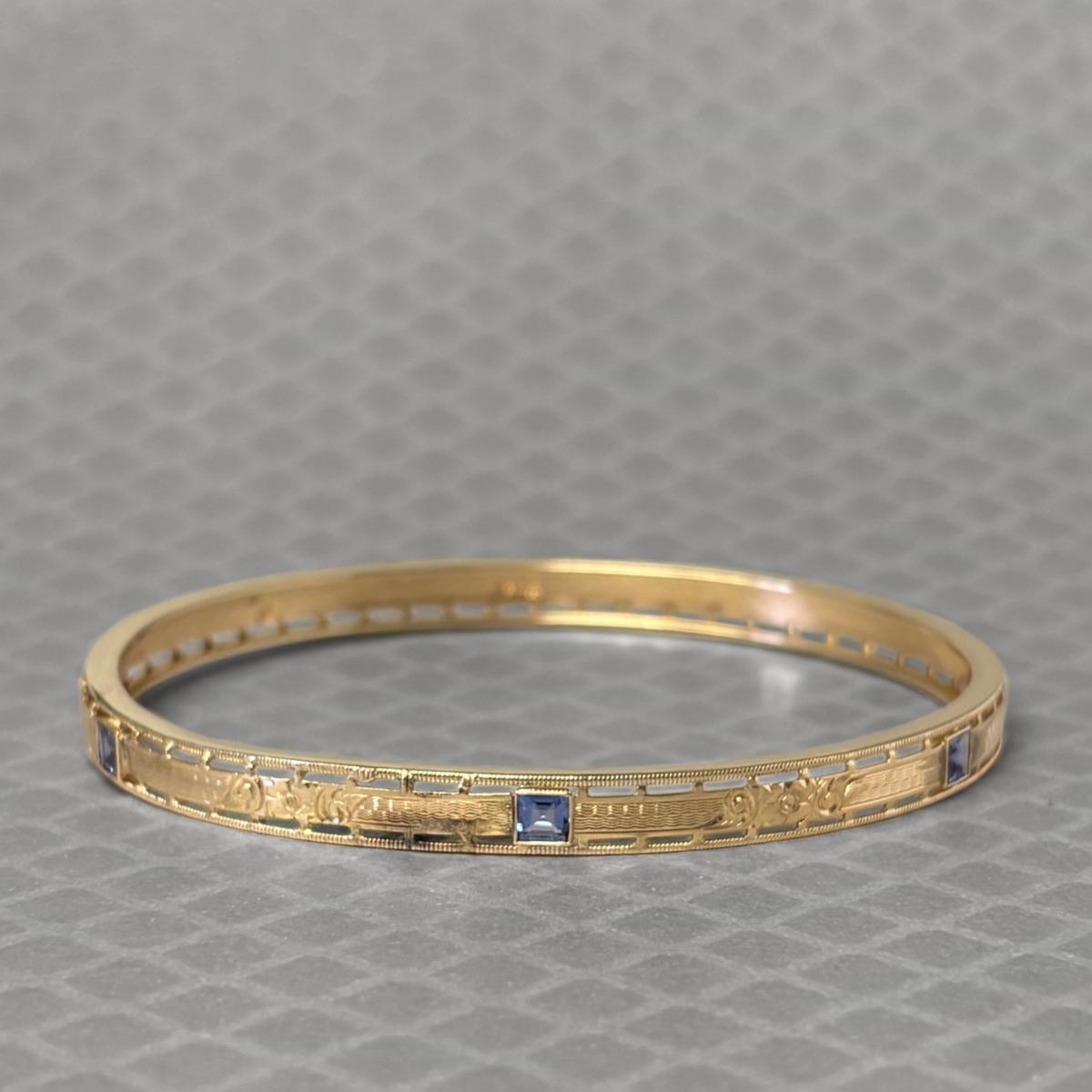 Preowned Yellow Gold and Square Sapphire Hand Engraved Bangle Bracelet