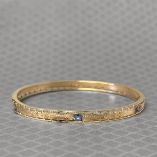 Preowned Yellow Gold and Square Sapphire Hand Engraved Bangle Bracelet