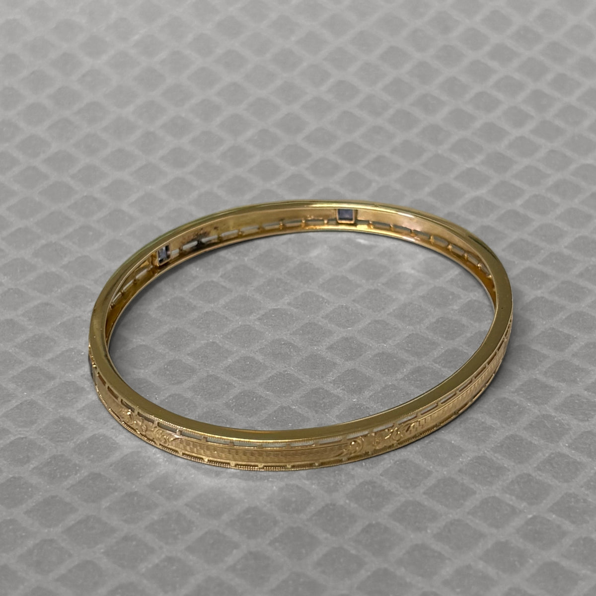 Preowned Yellow Gold and Square Sapphire Hand Engraved Bangle Bracelet