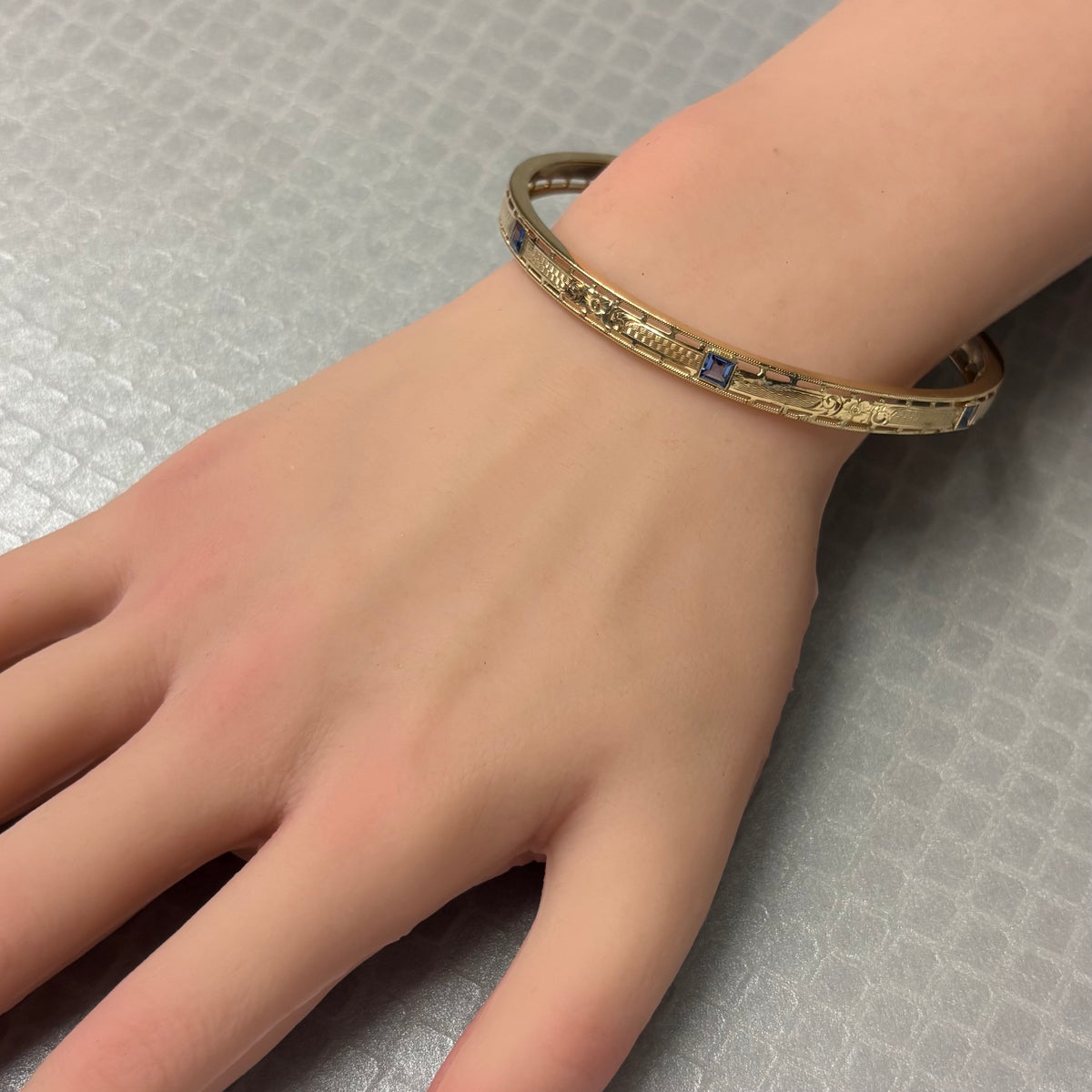 Preowned Yellow Gold and Square Sapphire Hand Engraved Bangle Bracelet