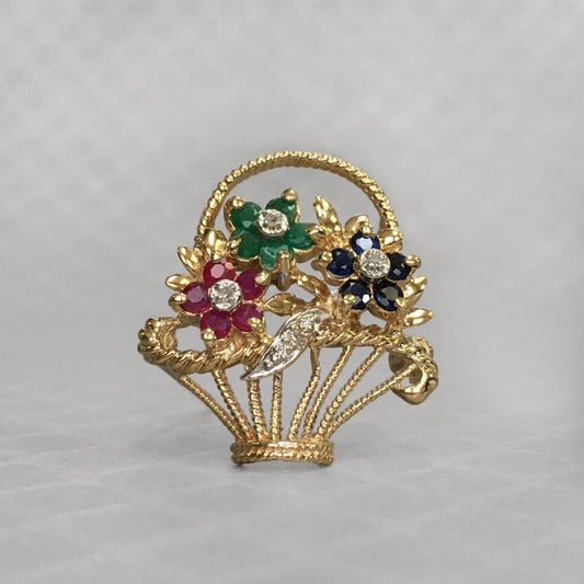 Preowned Yellow Gold Ruby, Emerald, Sapphire and Diamond Flower Basket Brooch